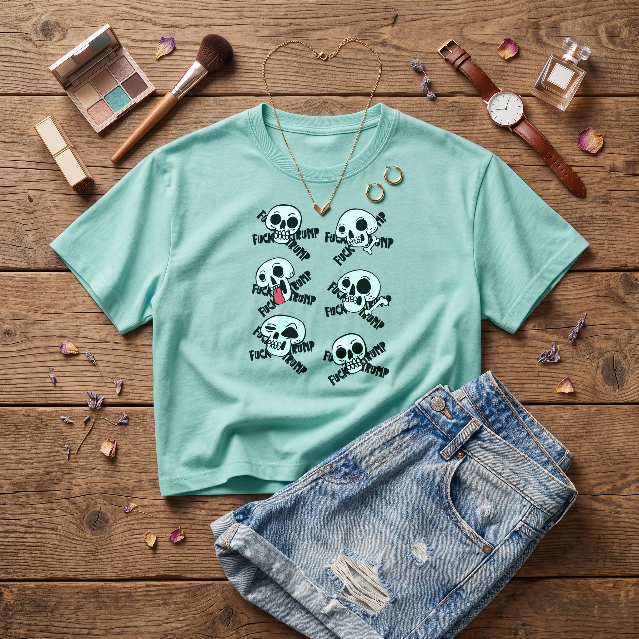 Light blue t-shirt with six skull graphics saying &amp;quot;FUCK TRUMP&amp;quot;.
