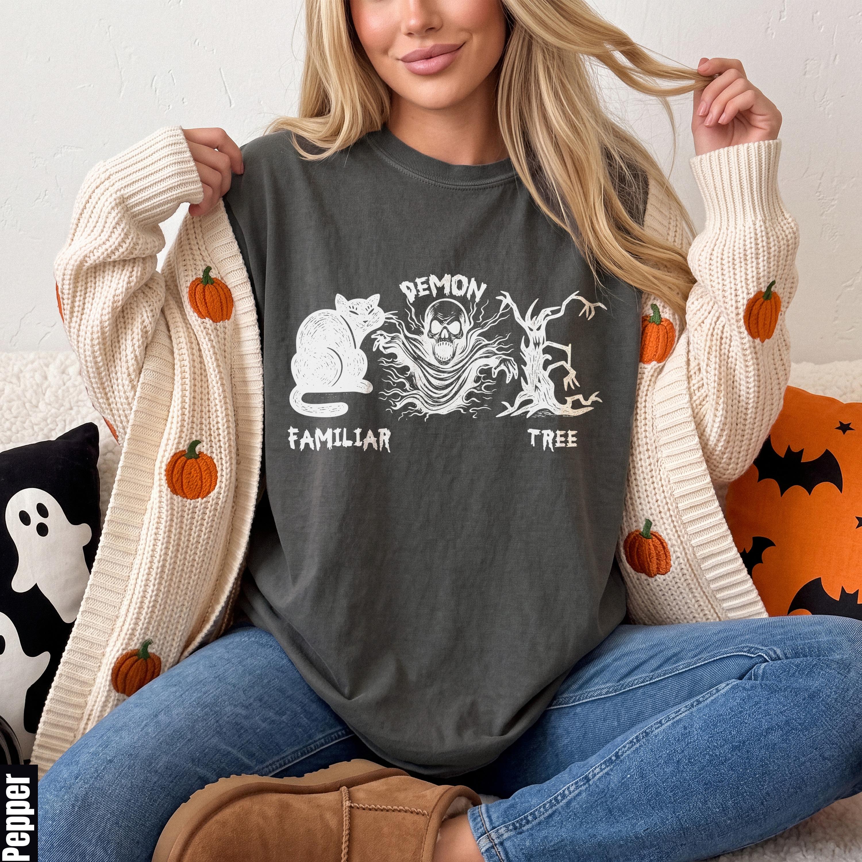 Dark gray t-shirt with cat, ghost, skull, and tree graphic: Demon Familiar Tree