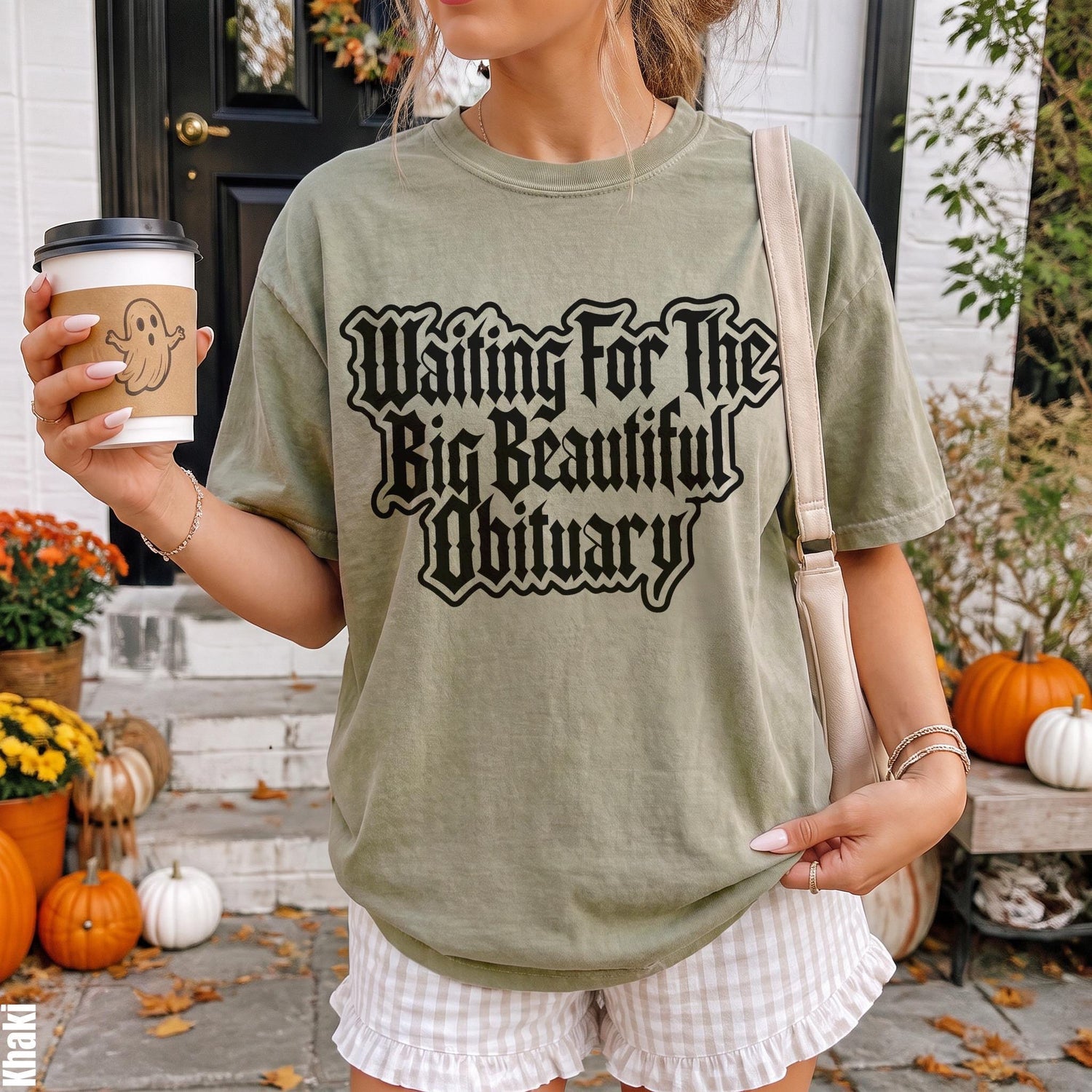 Olive green t-shirt with &amp;quot;Waiting For The Big Beautiful Obituary&amp;quot; text and ghost coffee cup.
