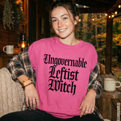 Pink t-shirt with gothic text: Ungovernable Leftist Witch.