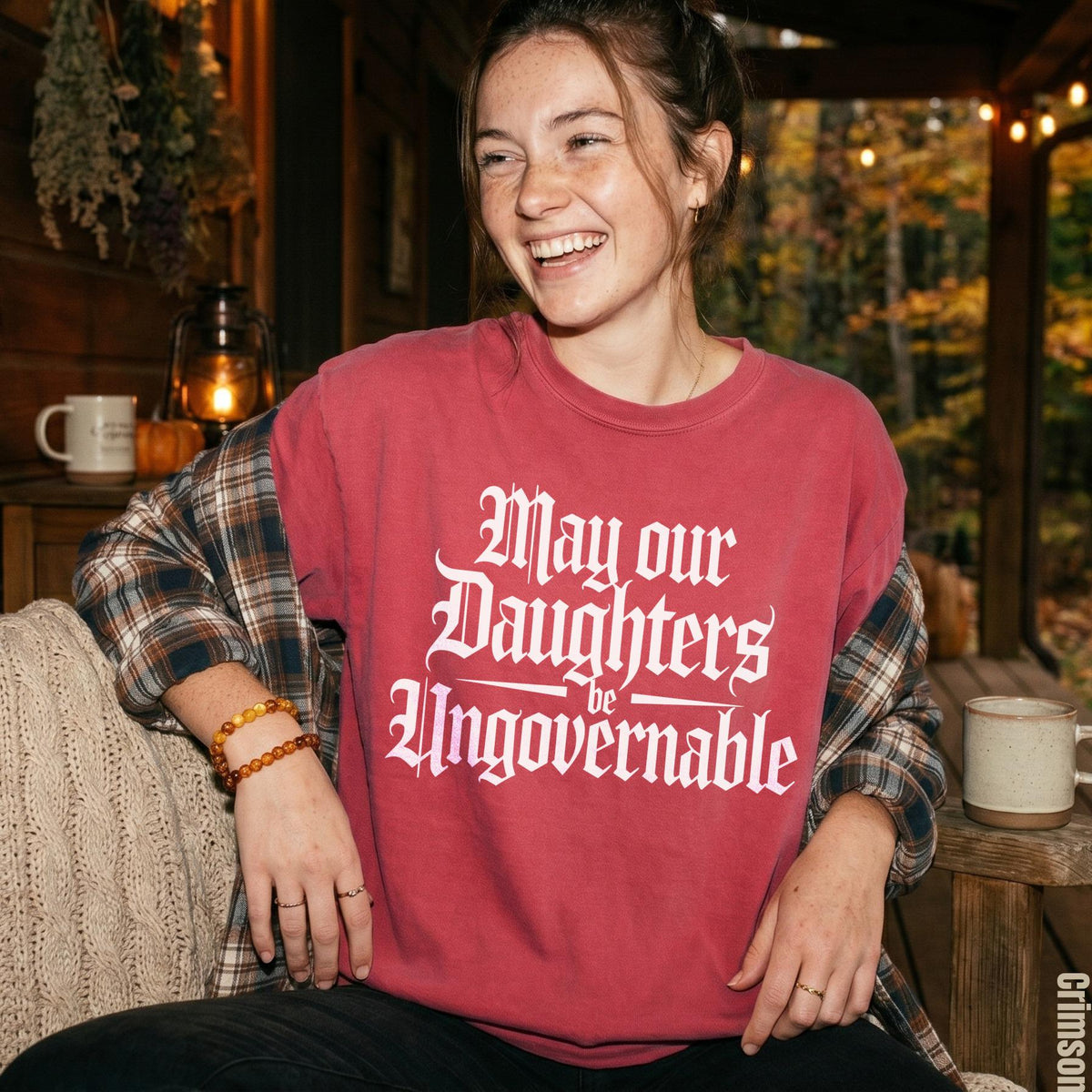 Crimson sweatshirt with &amp;quot;May our Daughters be Ungovernable&amp;quot; text.