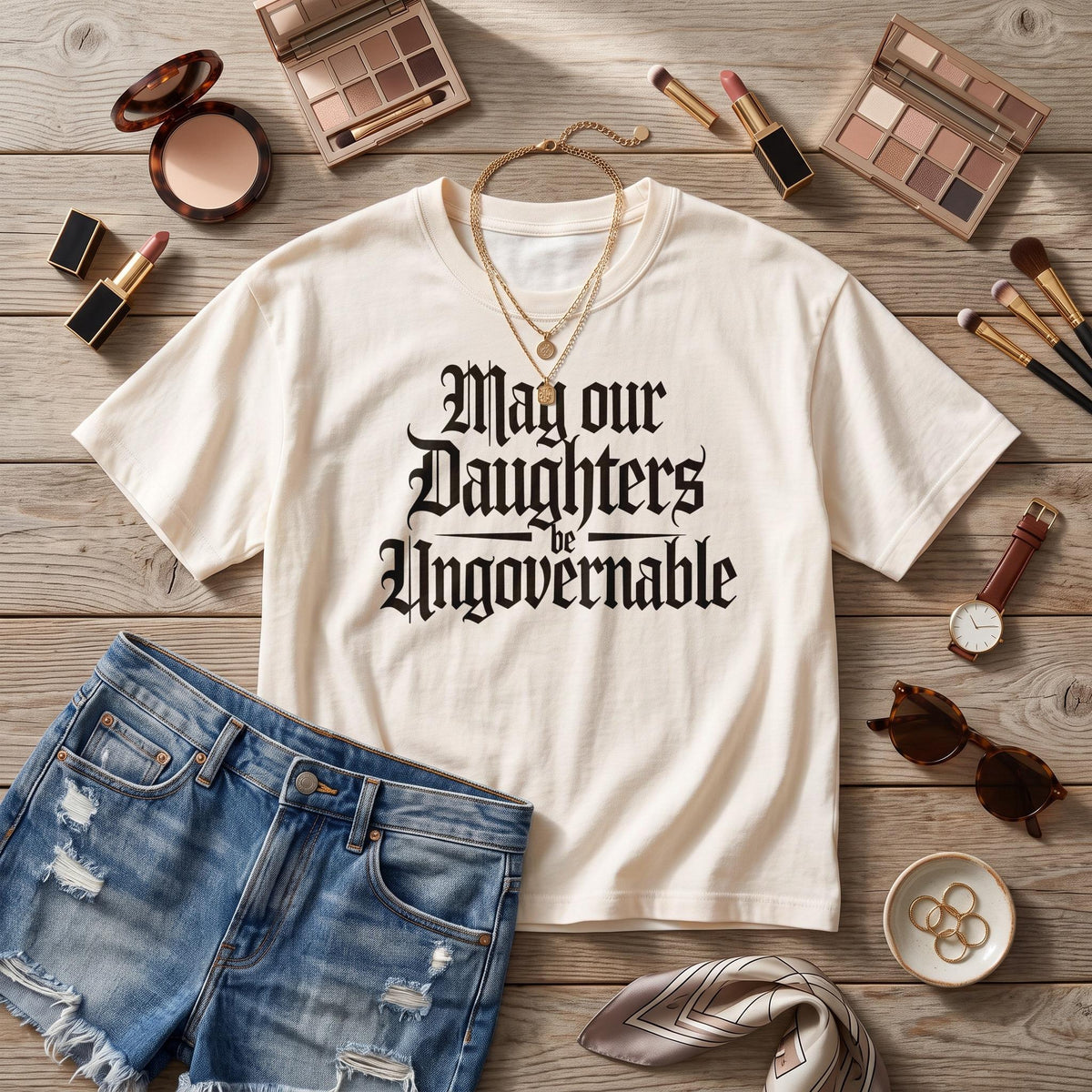 Cream t-shirt with black gothic text: &amp;quot;May our Daughters be Ungovernable&amp;quot;.