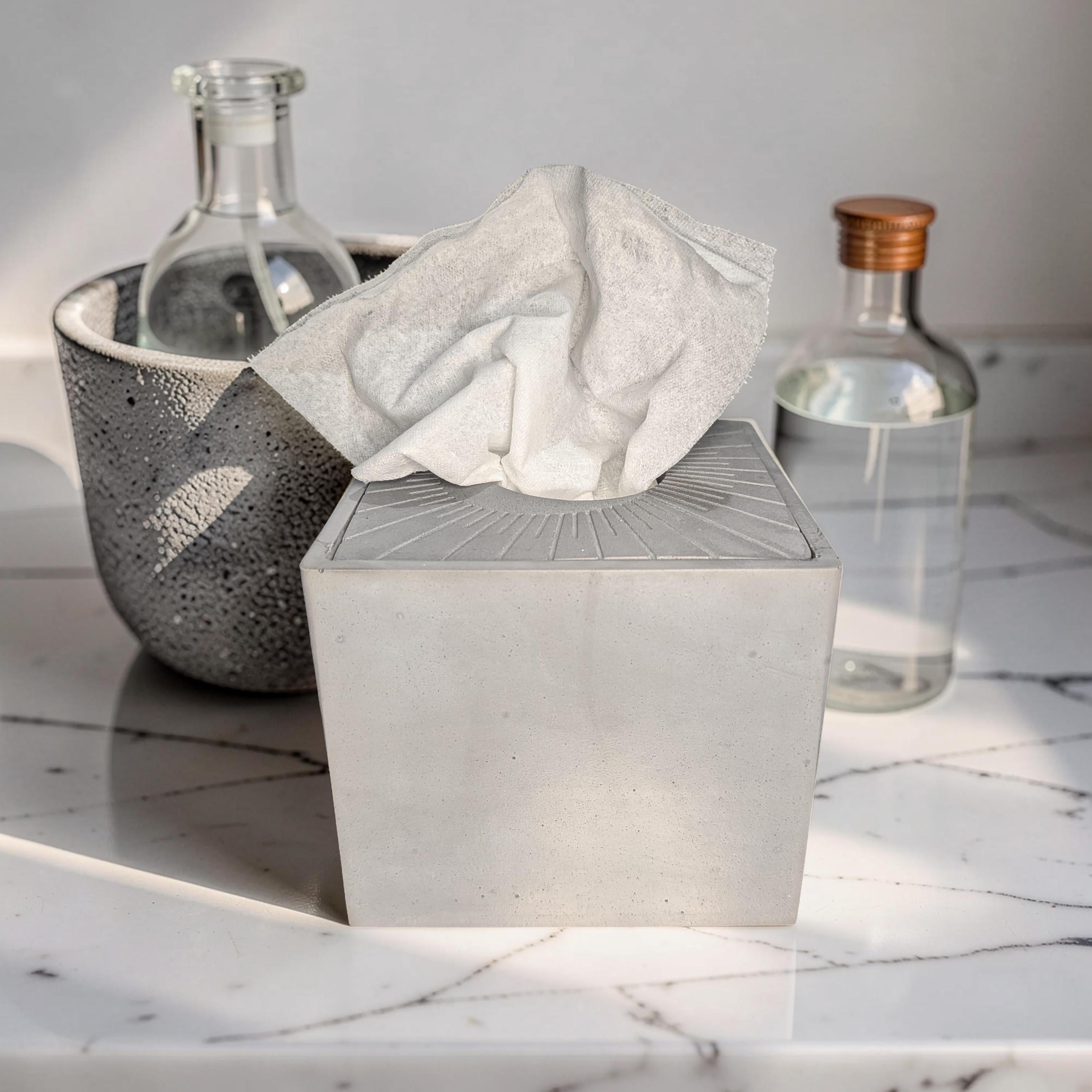 Modern Concrete Tissue Holder, Minimalist Square Sunburst Tissue Box with Lid, Industrial Bathroom Decor, Handcrafted Concrete Container