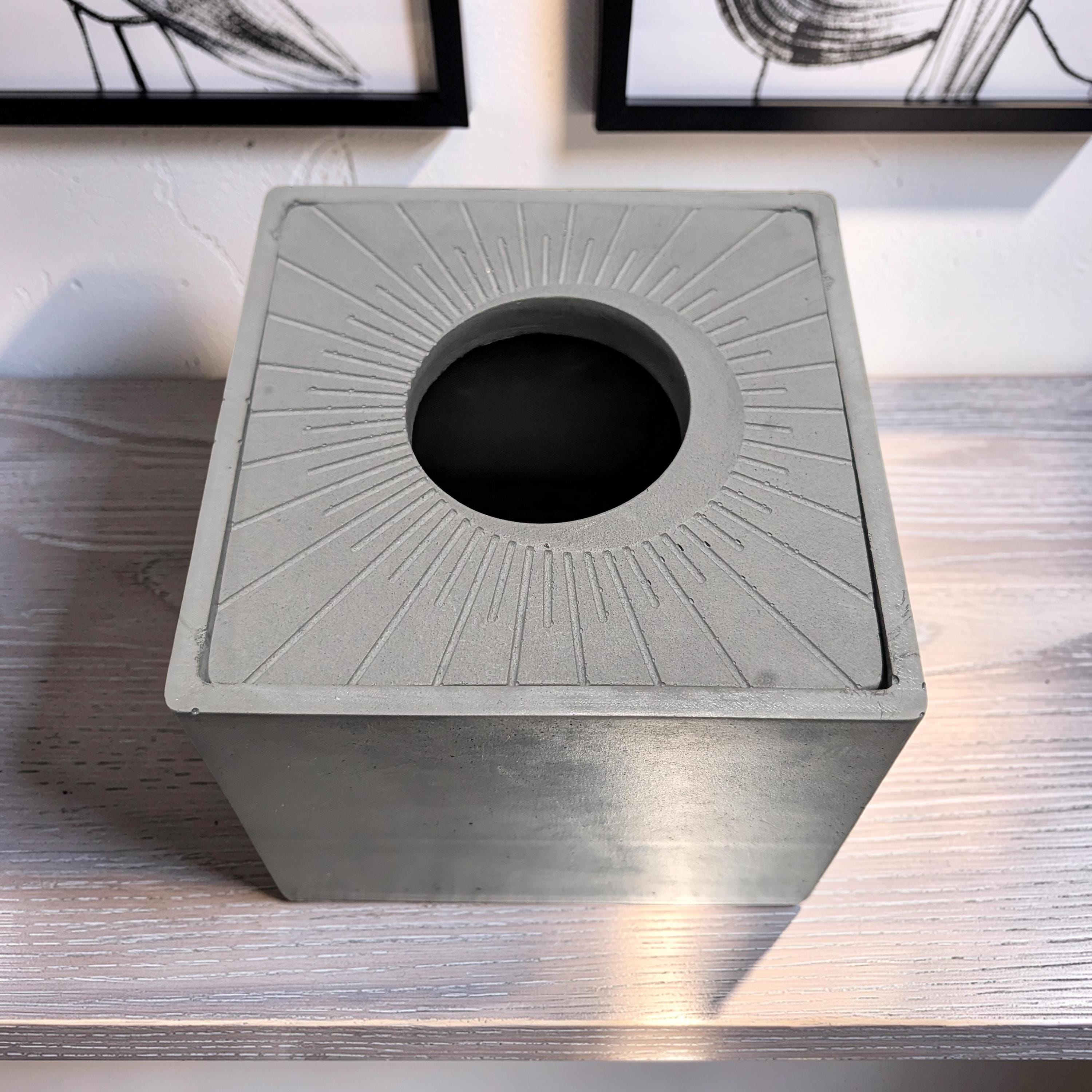 Modern Concrete Tissue Holder, Minimalist Square Sunburst Tissue Box with Lid, Industrial Bathroom Decor, Handcrafted Concrete Container