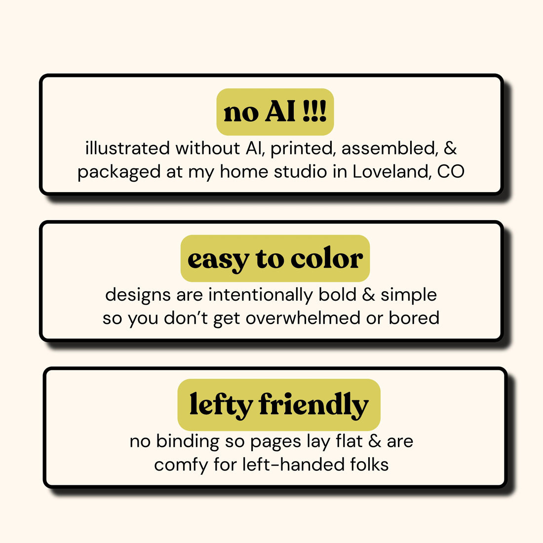 Describes product features: No, AI, easy to color, and lefty friendly.