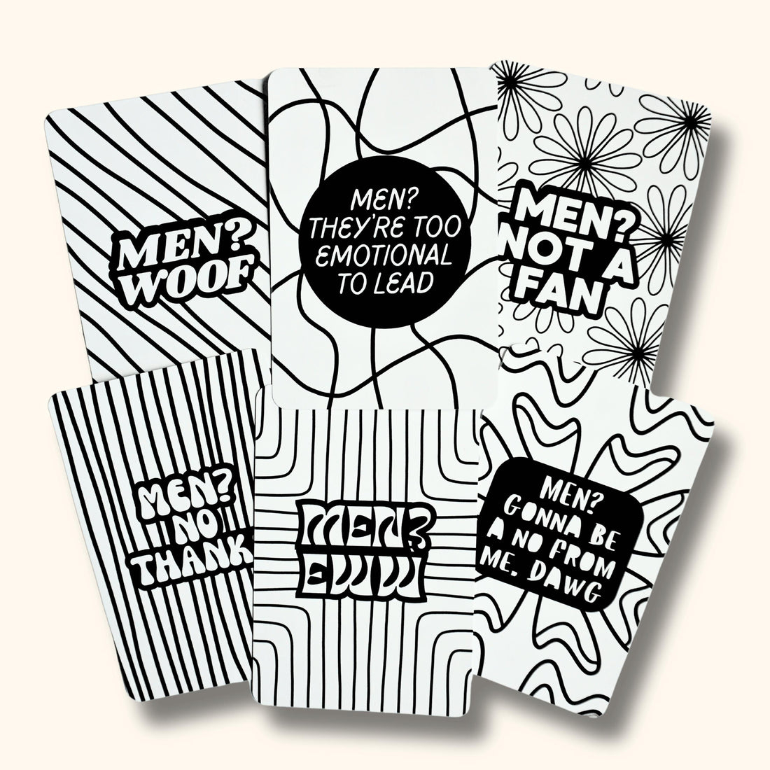 Six uncolored mini coloring pages with bold abstract designs. Each page has a different quote in decorative font. &amp;quot;Men? Woof&amp;quot;. &amp;quot;Men? They&amp;