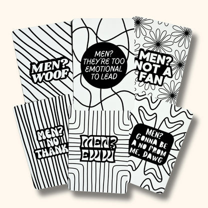Six uncolored mini coloring pages with bold abstract designs. Each page has a different quote in decorative font. &amp;quot;Men? Woof&amp;quot;. &amp;quot;Men? They&amp;