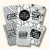 Six uncolored mini coloring pages with bold abstract designs. Each page has a different quote in decorative font. "Men? Woof". "Men? They&