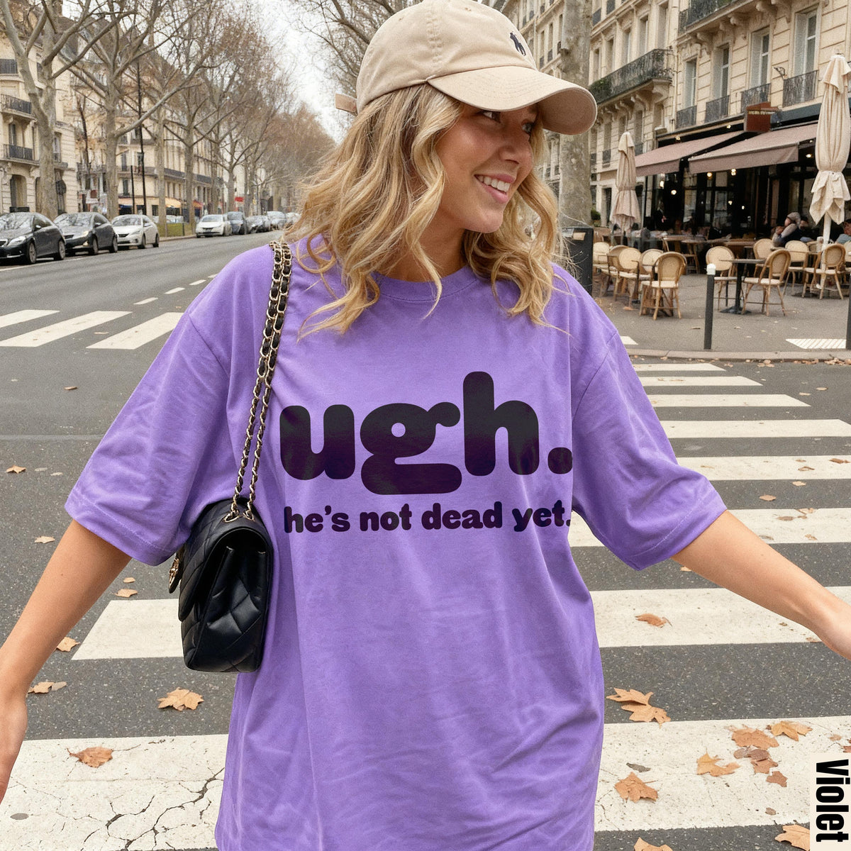 Purple t-shirt with &amp;quot;ugh. he&amp;