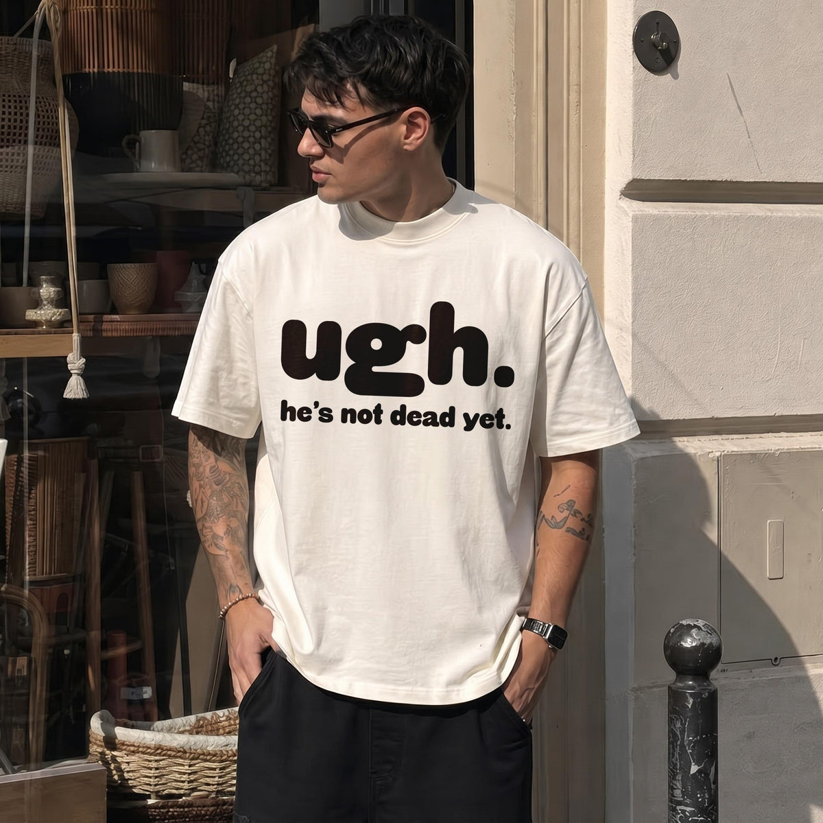 Cream t-shirt with &amp;quot;ugh. he&amp;