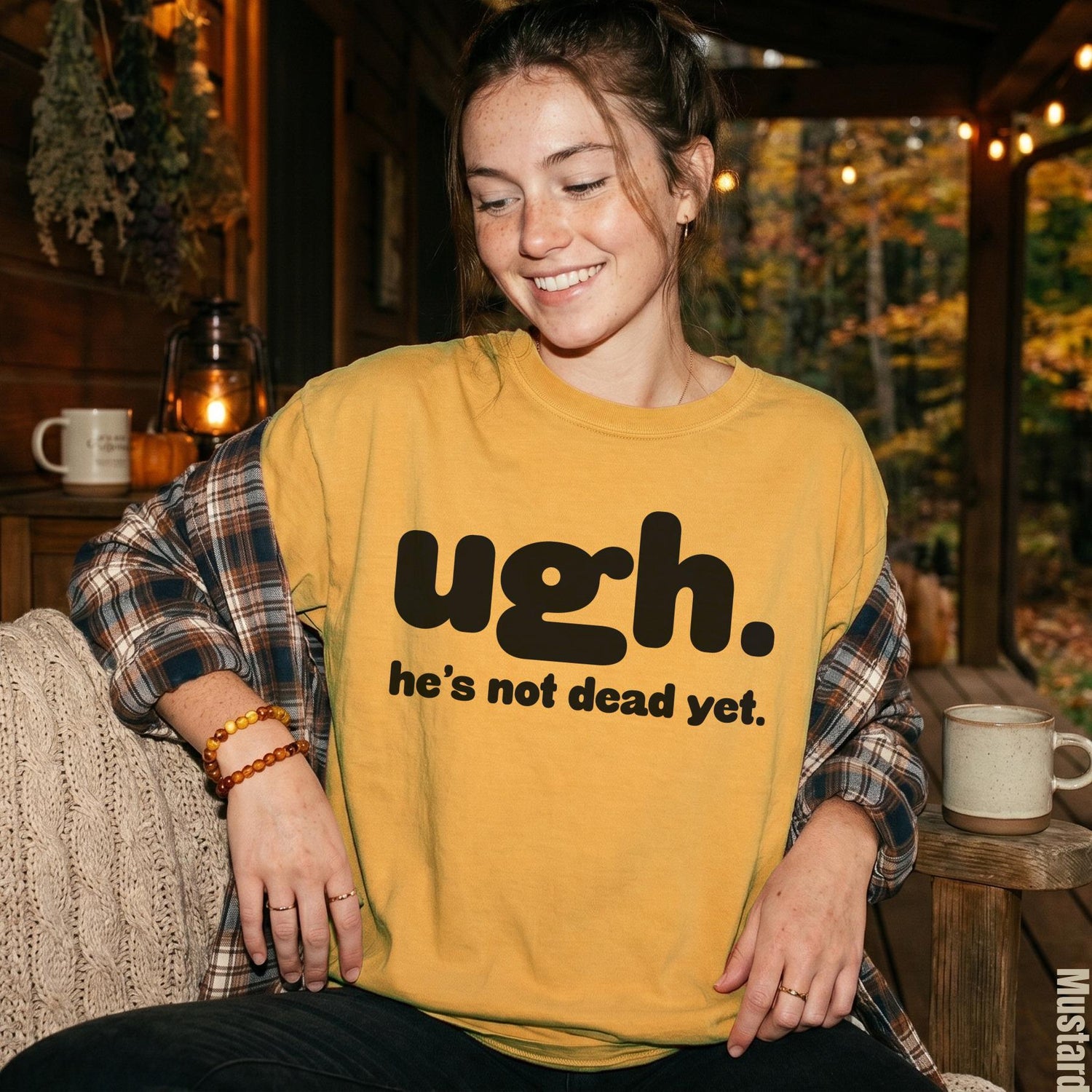 Yellow t-shirt with black text &amp;quot;ugh. he&amp;