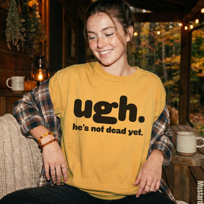 Yellow t-shirt with black text &amp;quot;ugh. he&amp;