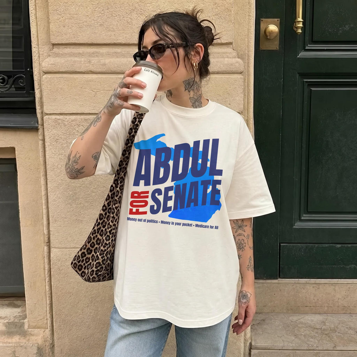 White t-shirt with &amp;quot;ABDUL FOR SENATE&amp;quot; slogan and campaign promises.