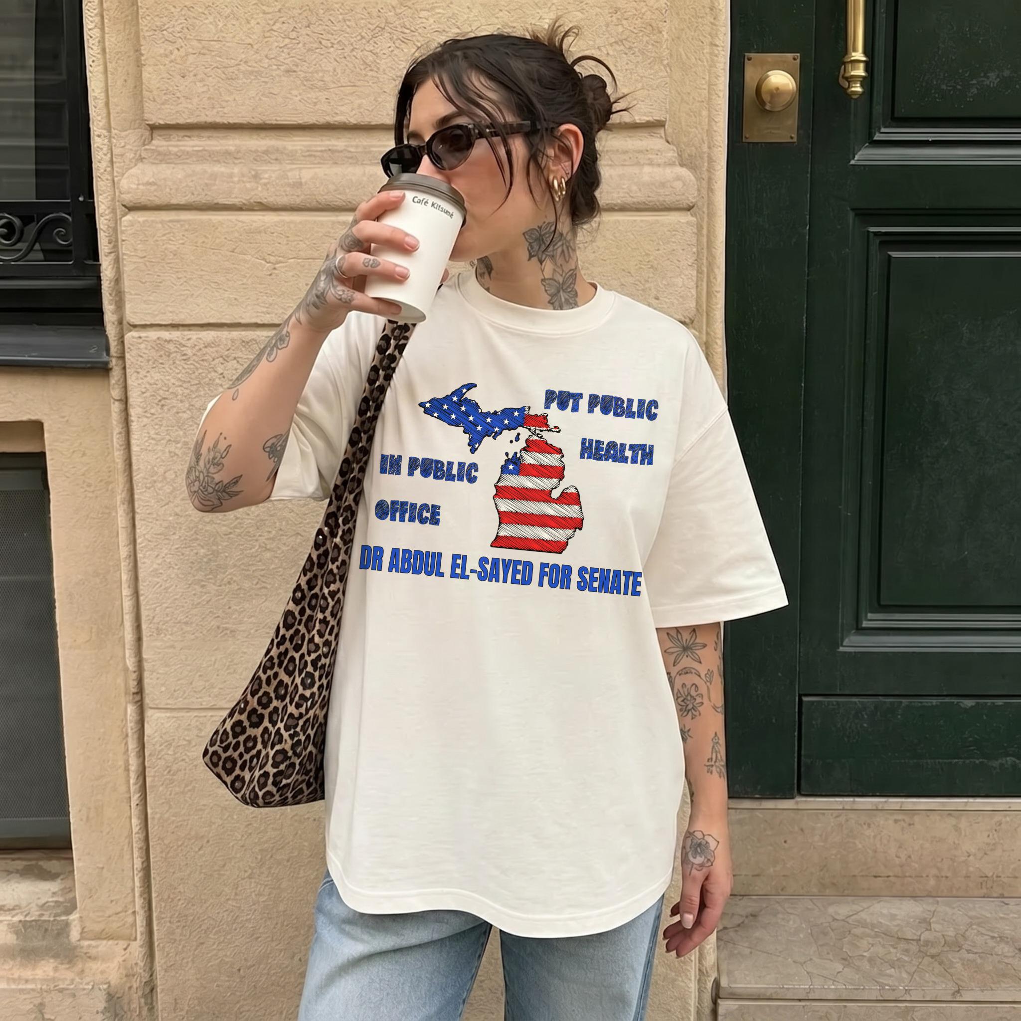 White t-shirt with text and Michigan map graphic supporting Dr. Abdul El-Sayed for Senate.