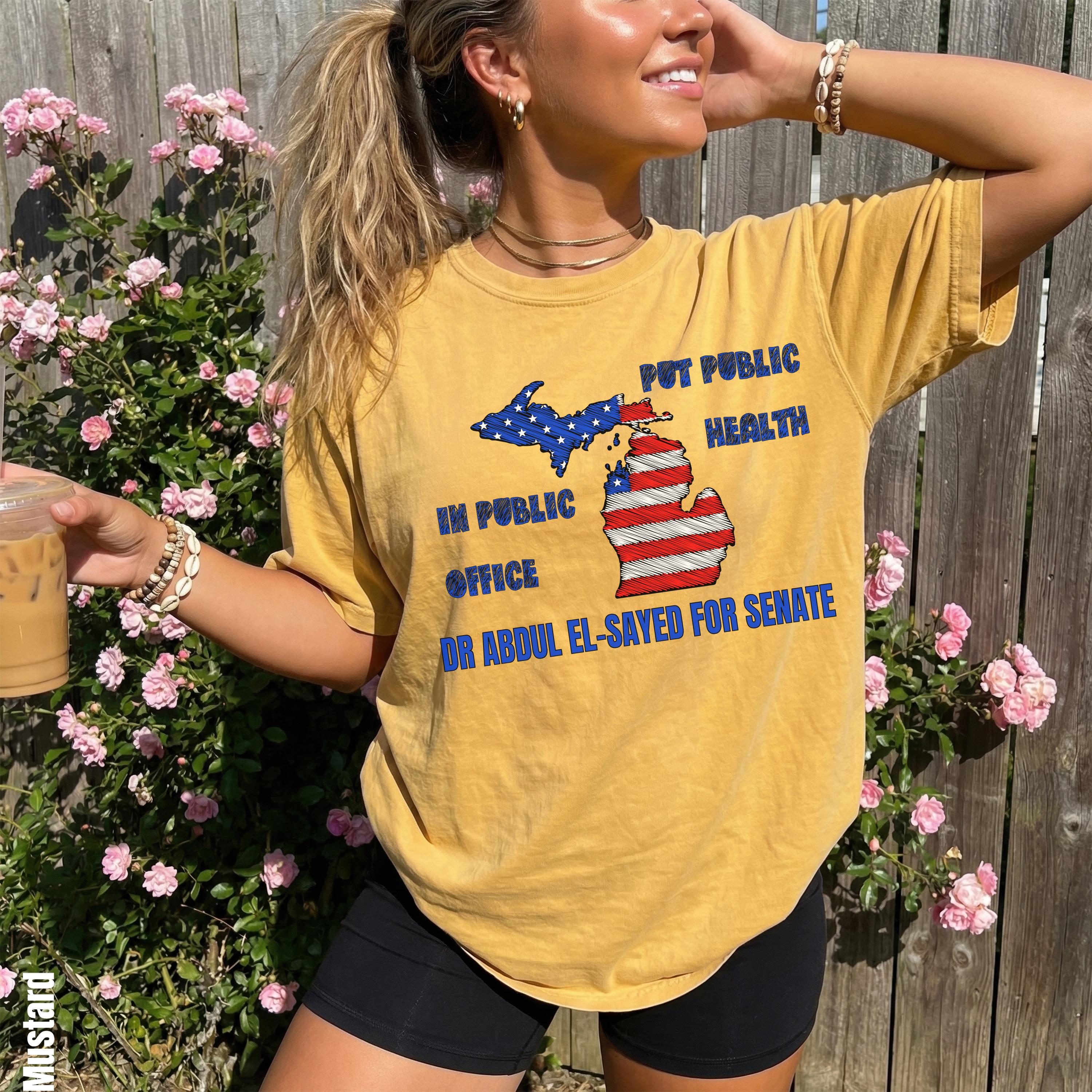 Yellow t-shirt with Michigan map graphic and &amp;quot;Put Public Health In Public Office Dr. Abdul El-Sayed for Senate&amp;quot;.