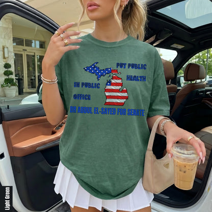Green t-shirt with Michigan outline and text: &amp;quot;Put Public Health In Public Office Dr. Abdul El-Sayed for Senate&amp;quot;