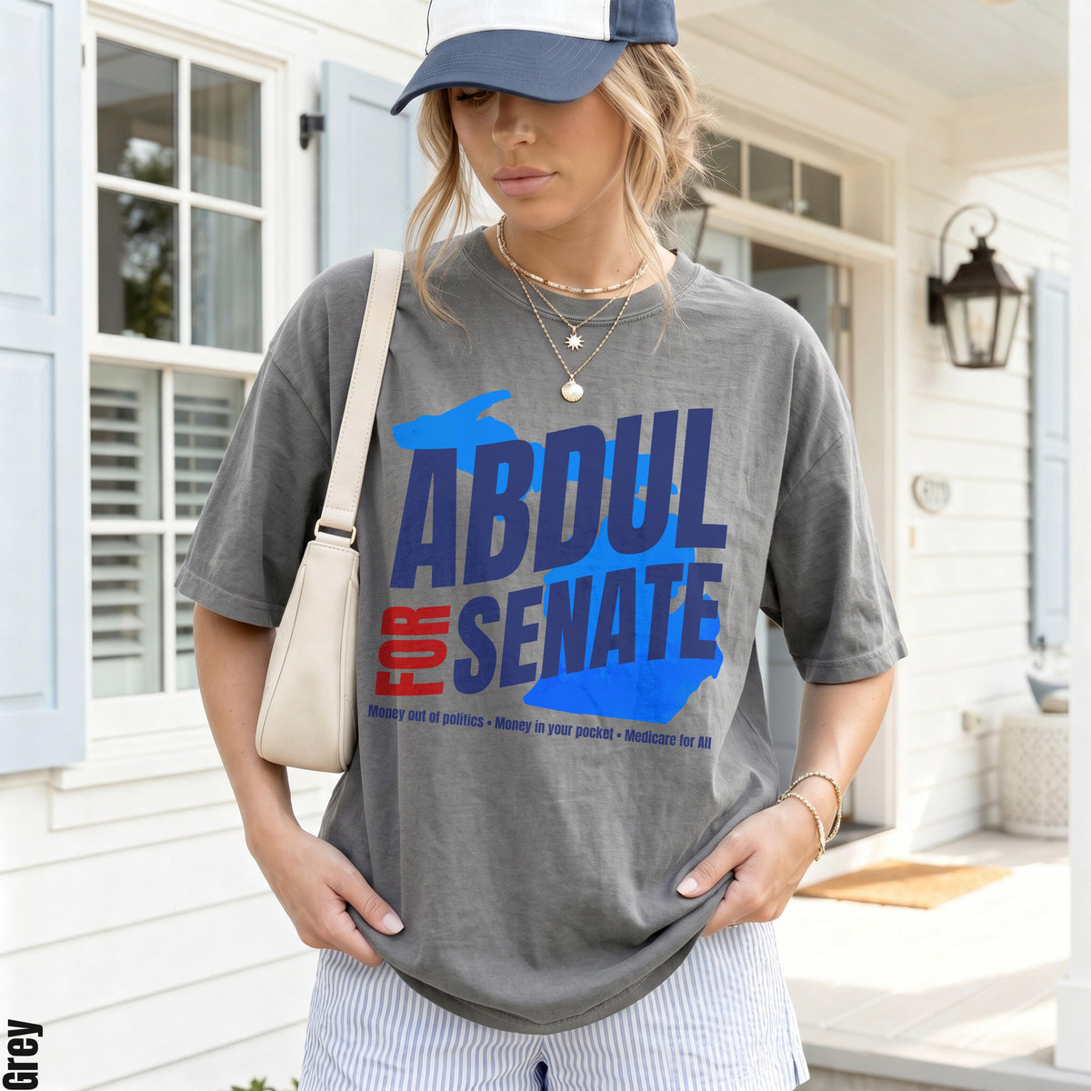 Grey t-shirt with &amp;quot;ABDUL FOR SENATE&amp;quot; text and campaign slogans.