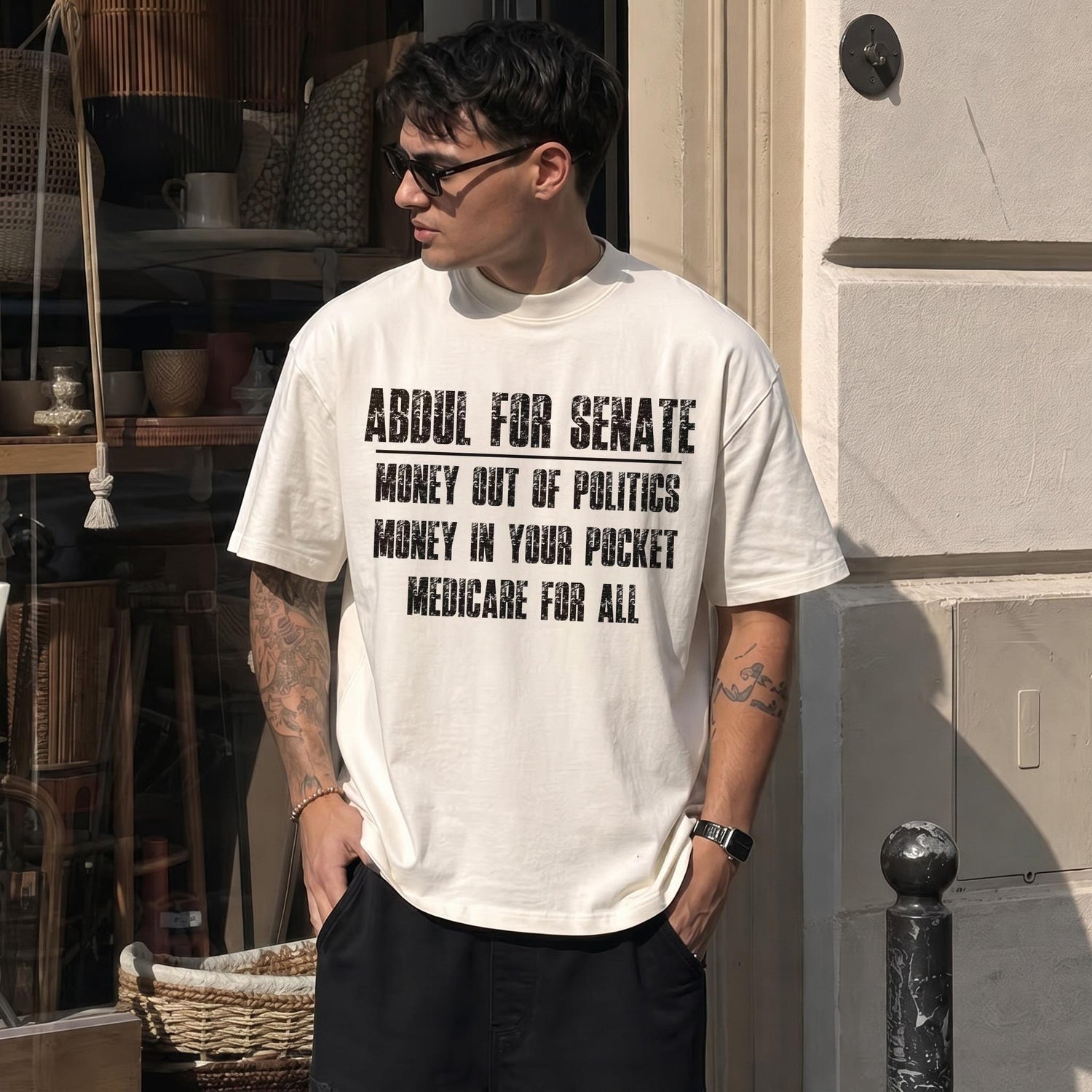 Cream t-shirt with black text: &amp;quot;Abdul for Senate, Money out of politics, Money in your pocket, Medicare for all.&amp;quot;