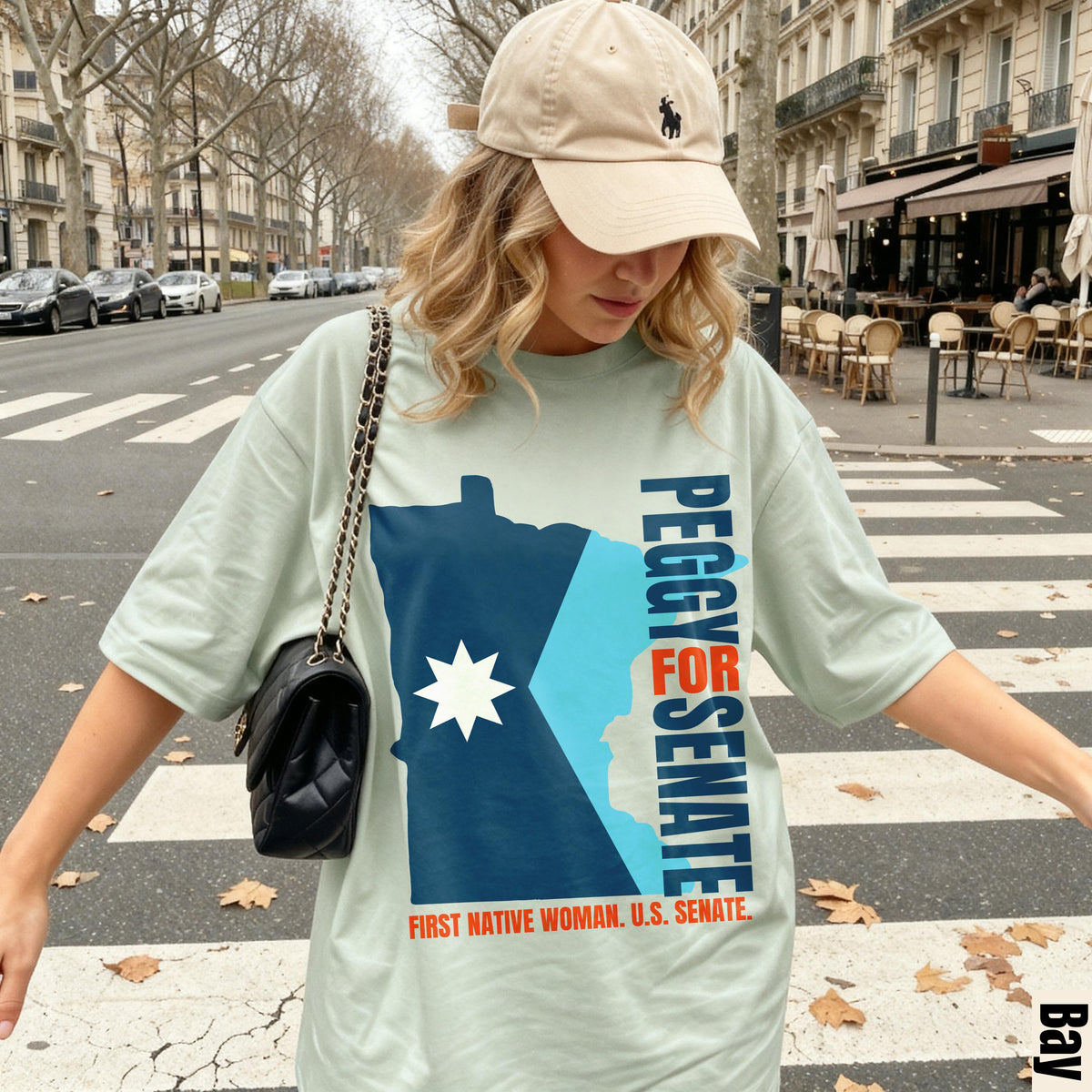 T-shirt with map graphic and &amp;quot;Peggy for Senate&amp;quot; text.
