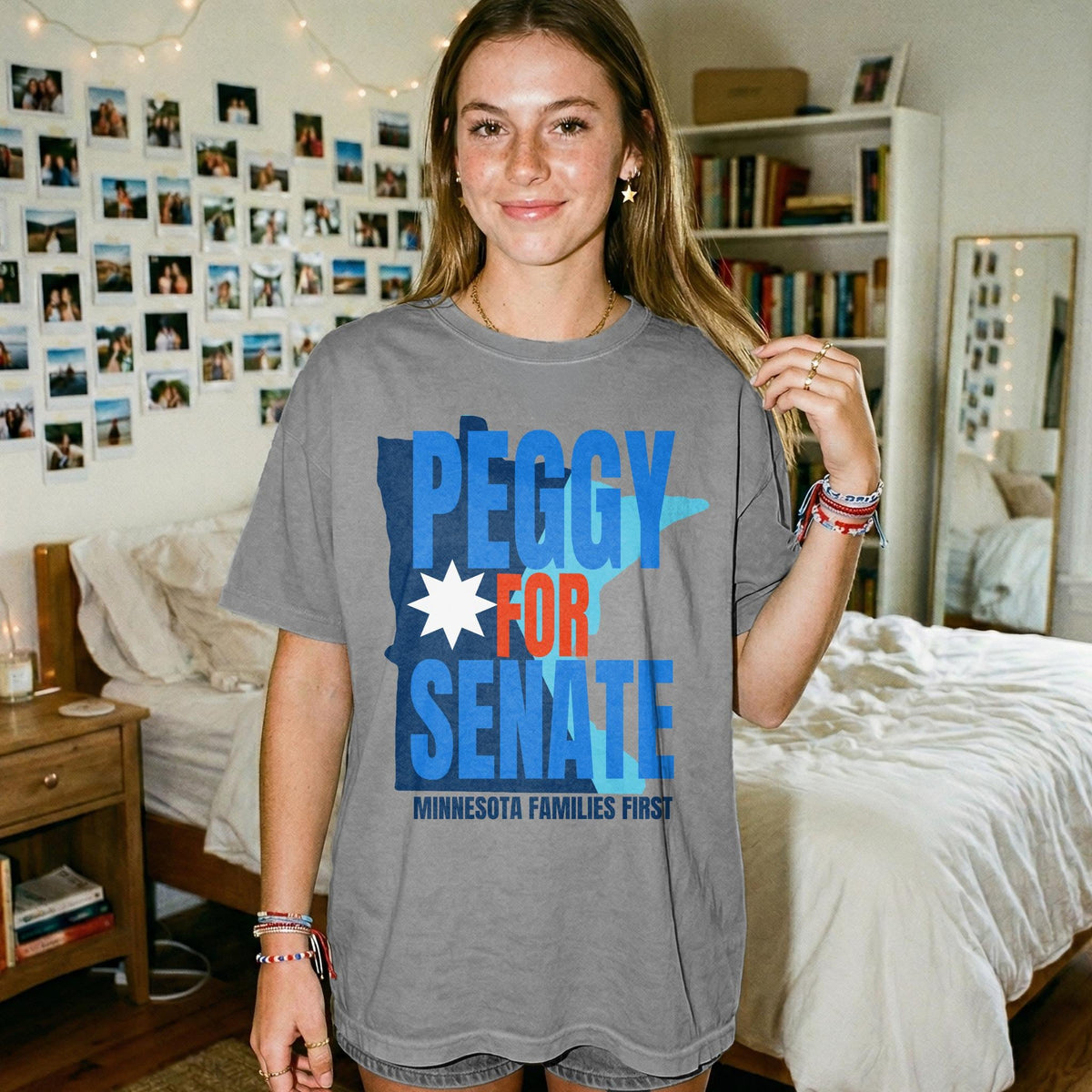 Grey t-shirt with &amp;quot;PEGGY FOR SENATE&amp;quot; and &amp;quot;MINNESOTA FAMILIES FIRST&amp;quot; text.
