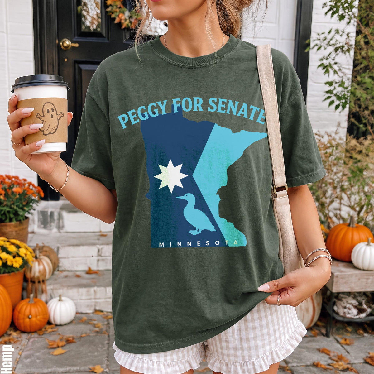 Green t-shirt with &amp;quot;Peggy for Senate Minnesota&amp;quot; design and a duck.