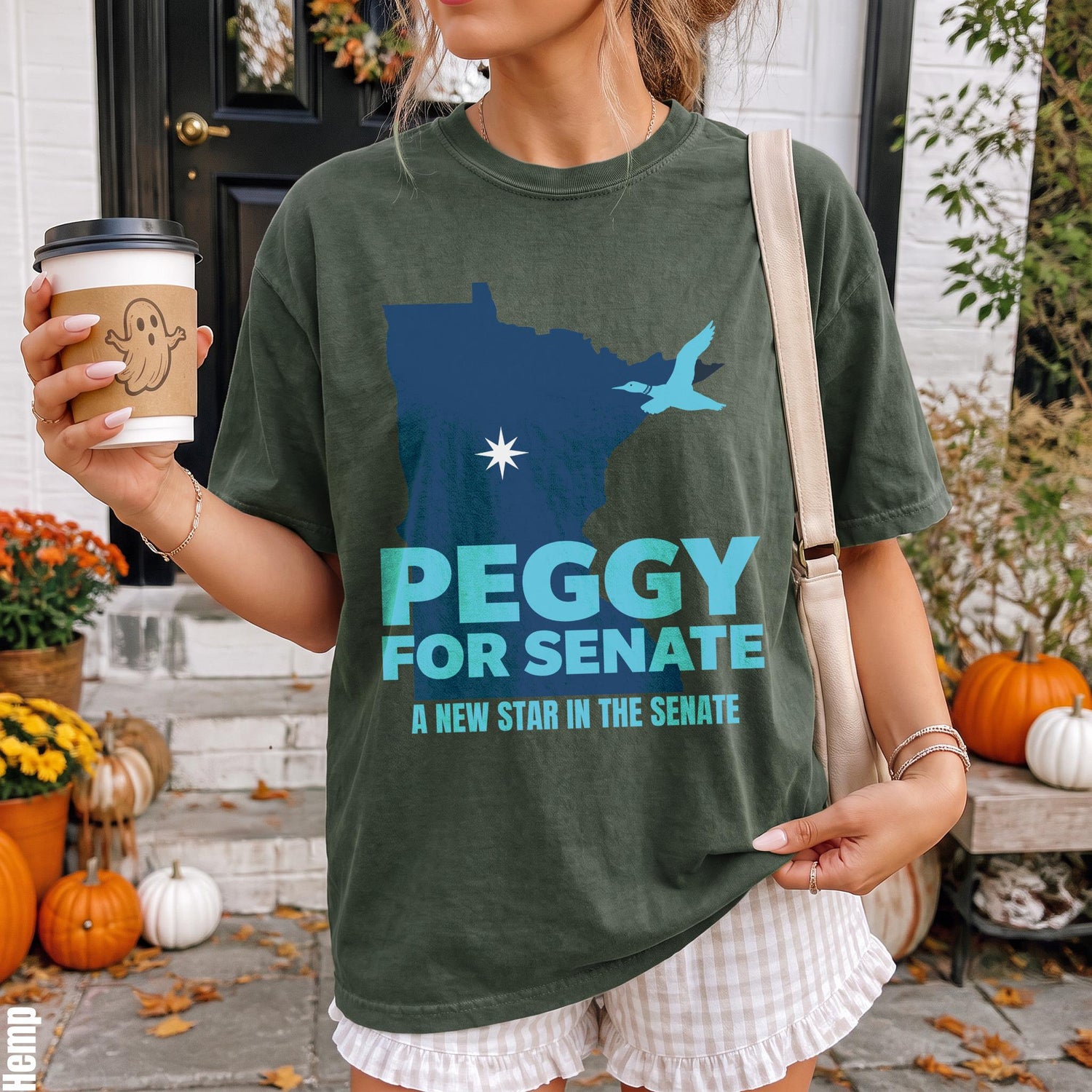 Green t-shirt with &amp;quot;Peggy for Senate A New Star in The Senate&amp;quot; text and Minnesota outline.