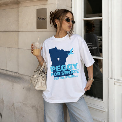 White t-shirt with blue &amp;quot;Peggy for Senate&amp;quot; text and map graphic.