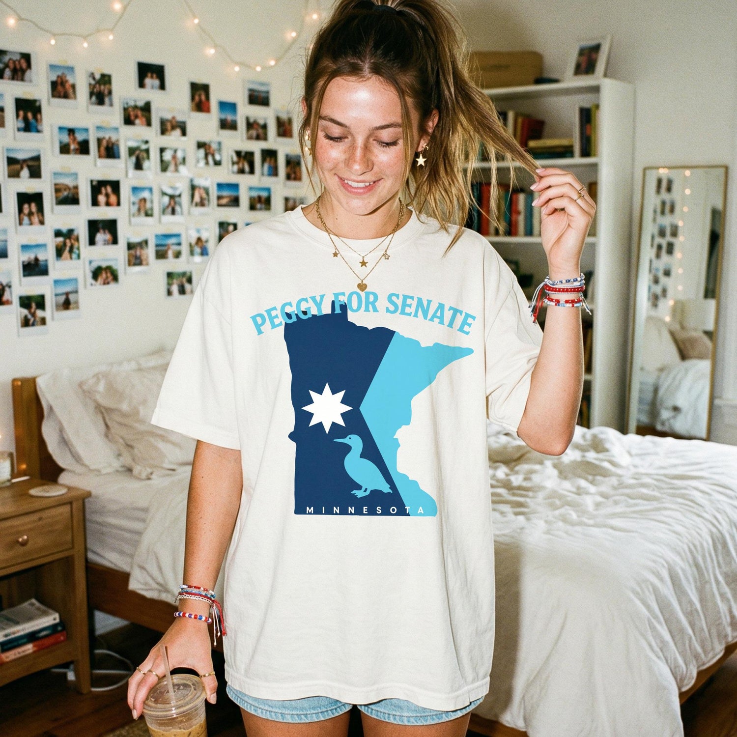Cream t-shirt with &amp;quot;Peggy for Senate&amp;quot; text and Minnesota map graphic.