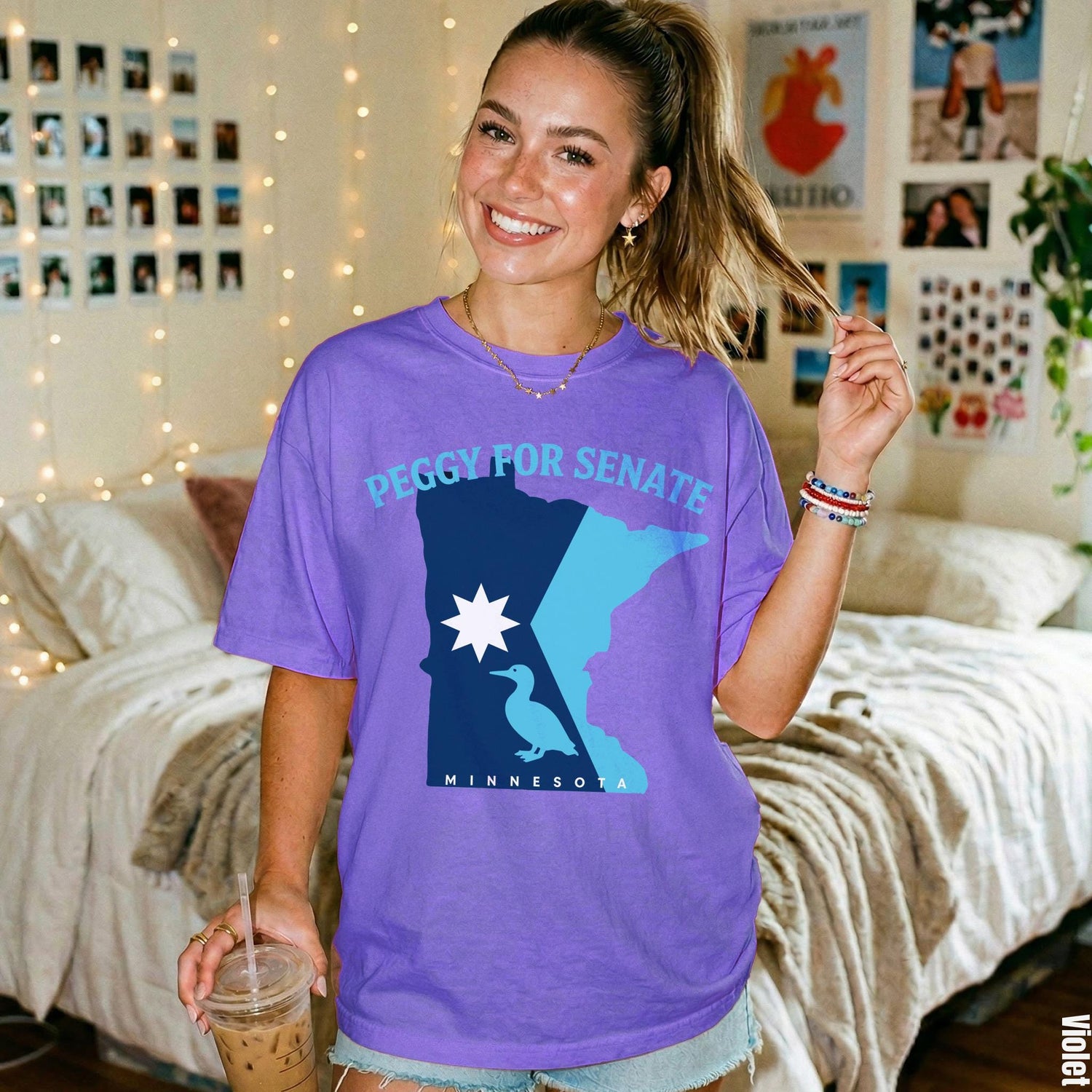 Purple t-shirt with &amp;quot;PEGGY FOR SENATE MINNESOTA&amp;quot; and Minnesota map graphic.