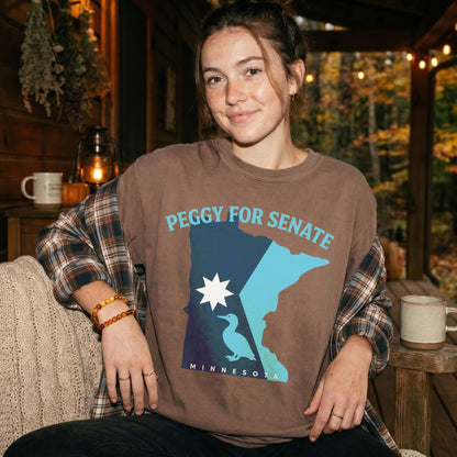 Brown t-shirt with &amp;quot;Peggy for Senate Minnesota&amp;quot; and state outline graphic.