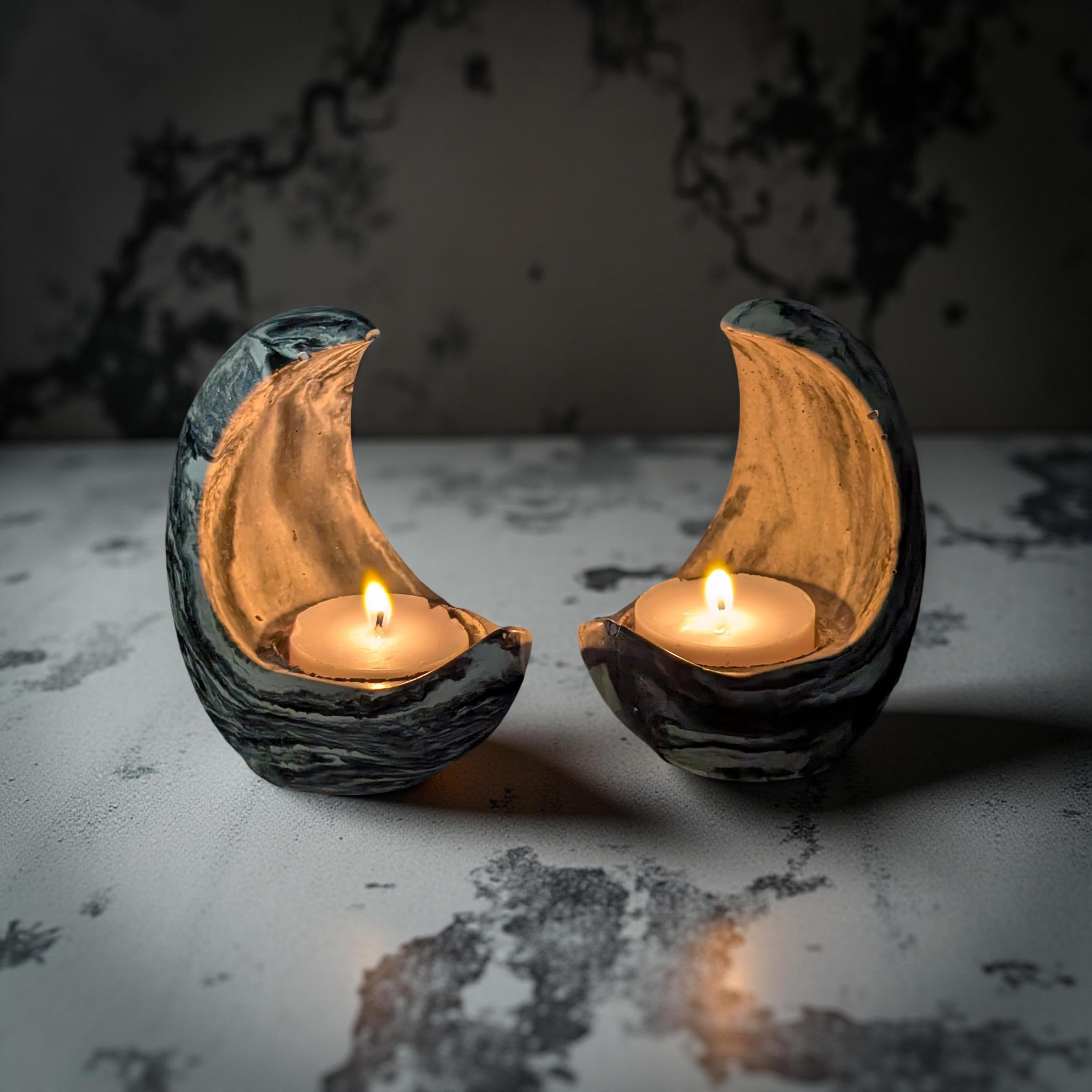 Concrete Crescent Moon Tea Light Holder Set of 2 - Minimalist Modern Candle Holder, Celestial Home Decor, Marble or Natural Gray Accent