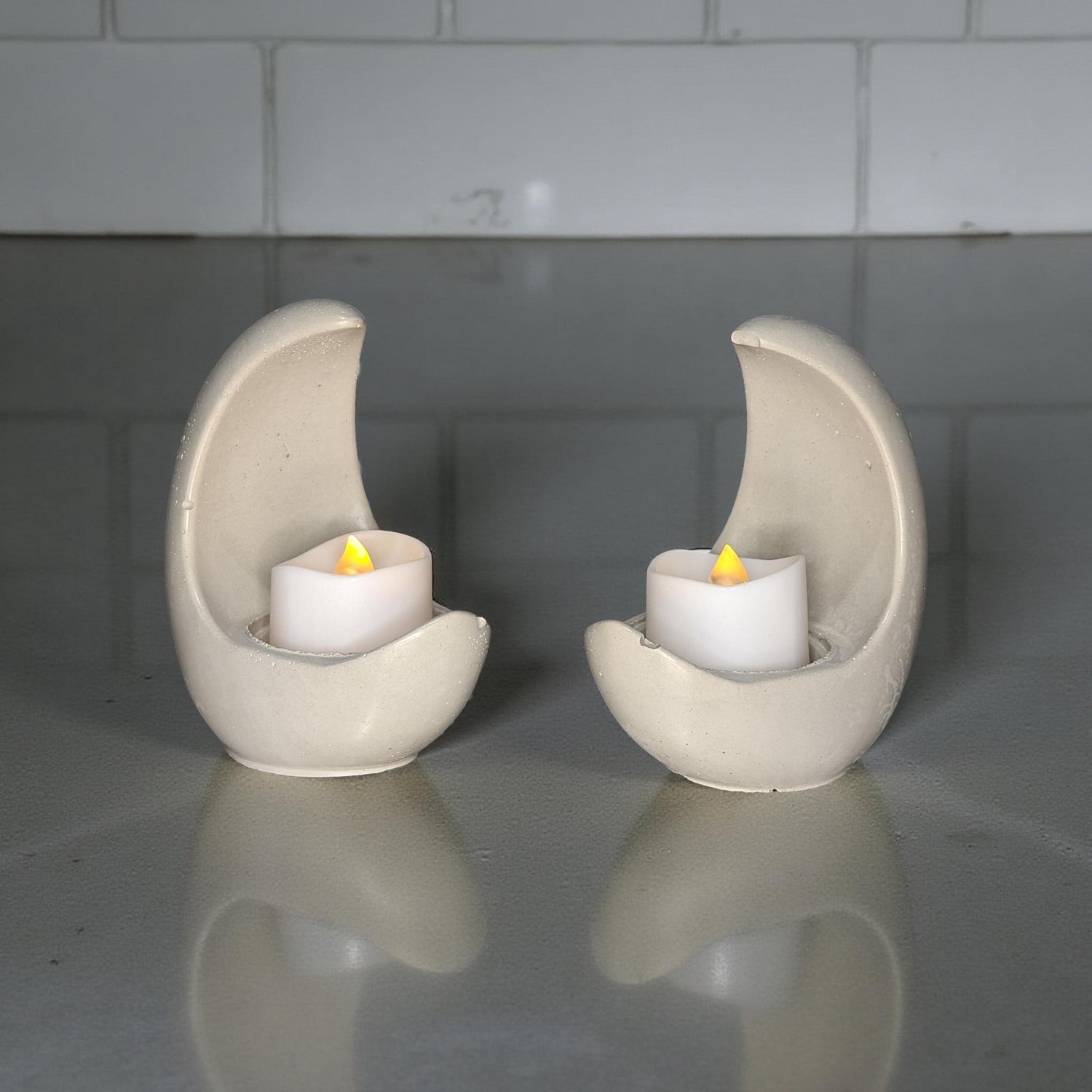 Concrete Crescent Moon Tea Light Holder Set of 2 - Minimalist Modern Candle Holder, Celestial Home Decor, Marble or Natural Gray Accent
