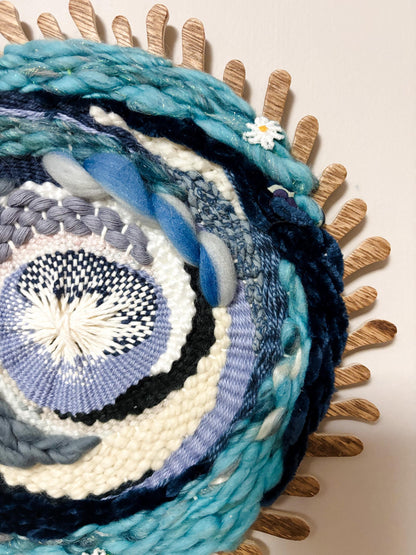 Blue with White Daisies circle woven wall hanging, weaving, home decor, fiber art, boho, colorful
