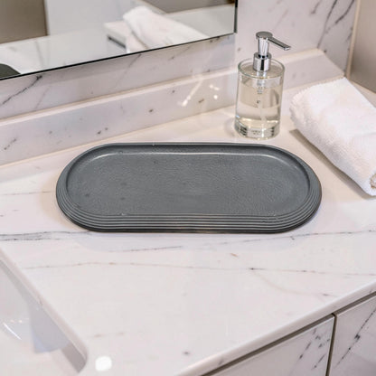 Large Concrete Vanity Tray, Oval Ribbed Catchall Dish, Minimalist Bathroom Counter Organizer, Modern Candle|Perfume Tray, Entryway Key Dish
