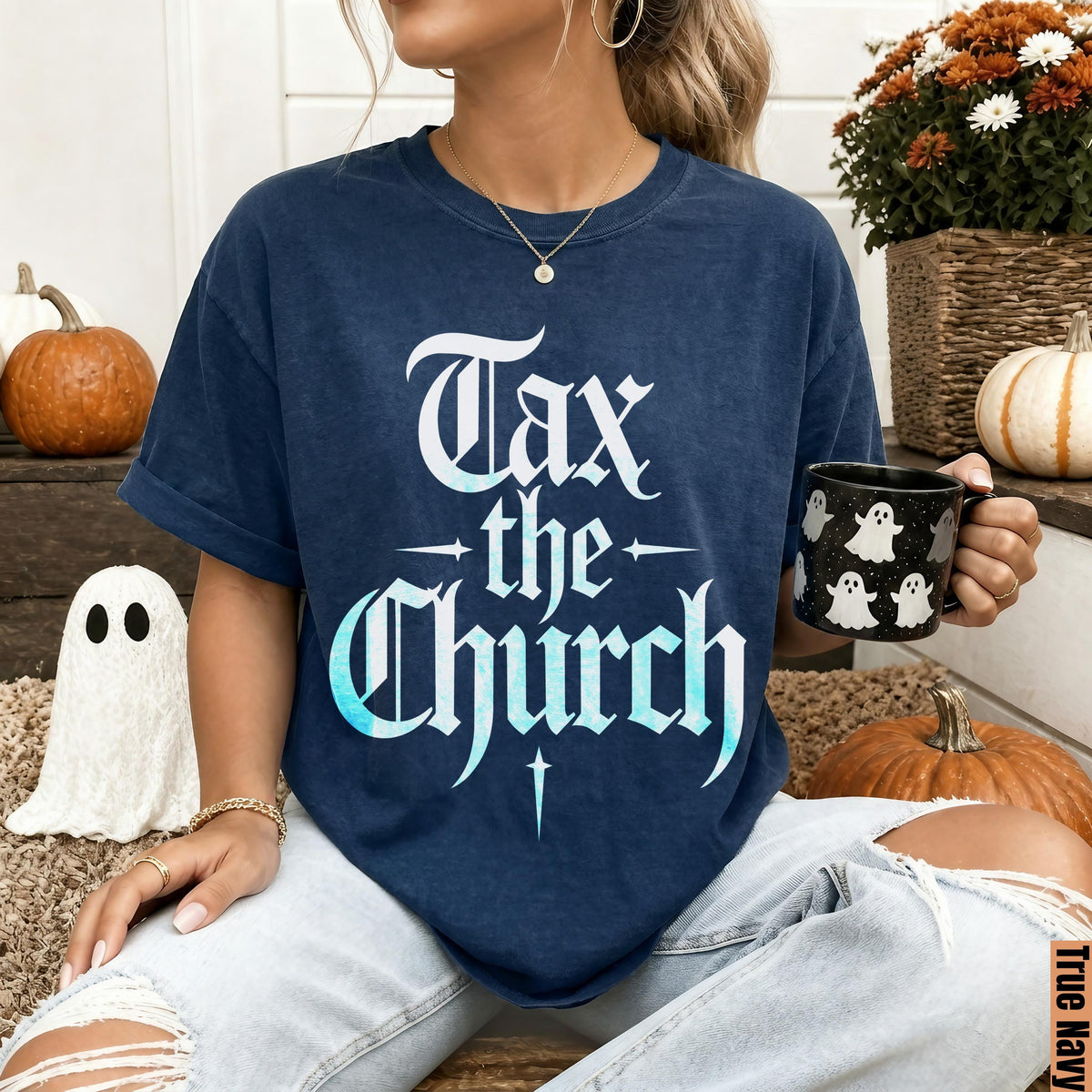 Navy t-shirt with gothic font text &amp;quot;Tax the Church&amp;quot; and ghost mug