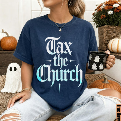Navy t-shirt with gothic font text &amp;quot;Tax the Church&amp;quot; and ghost mug