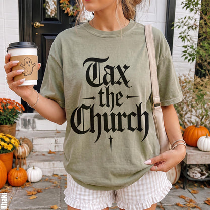 Green t-shirt with black gothic text &amp;quot;Tax the Church&amp;quot; and a ghost coffee cup.