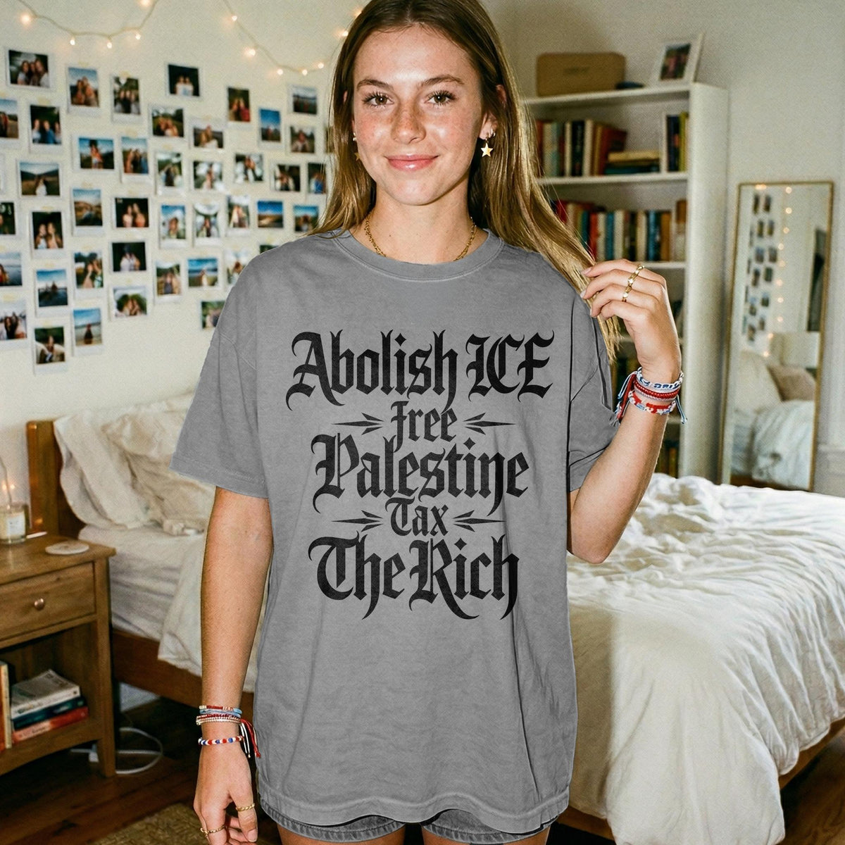 Grey t-shirt with text &amp;quot;Abolish ICE, Free Palestine, Tax The Rich&amp;quot;.