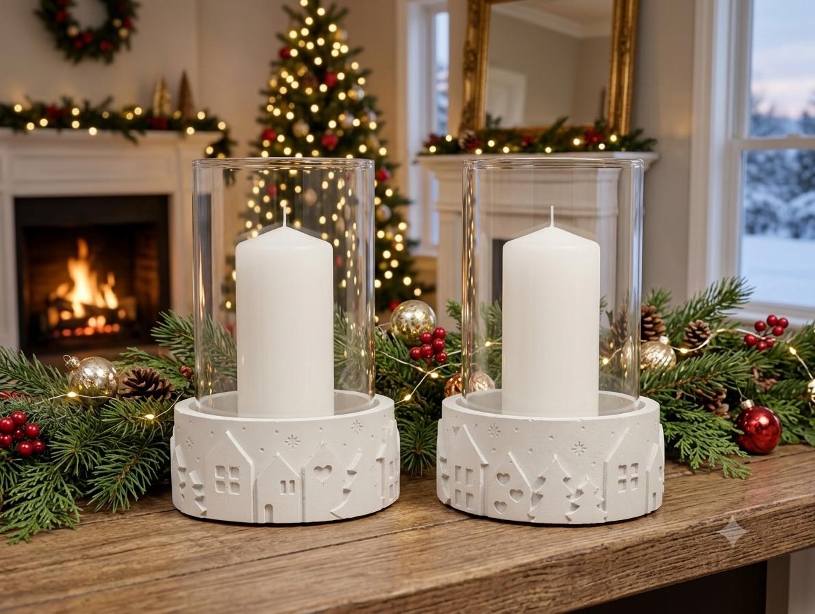 Set of 2 Concrete Pillar Candle Holders with Glass Hurricane Tubes | Winter Village Christmas Decor | Nordic Table Centerpiece