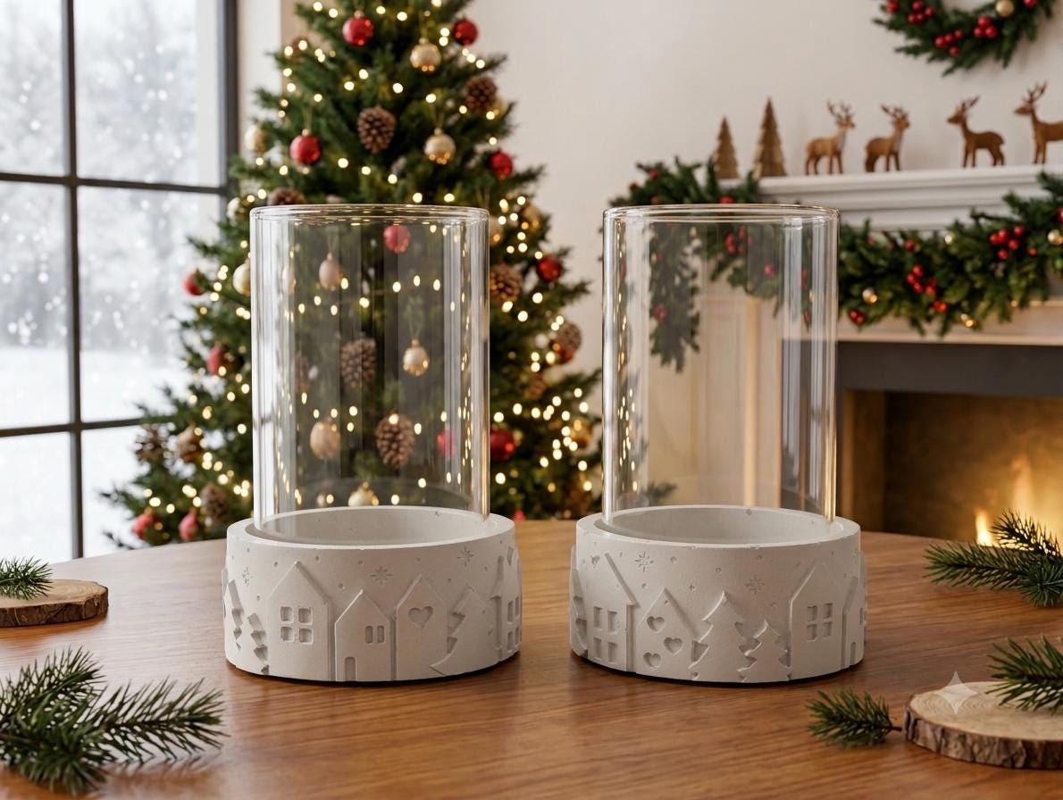 Set of 2 Concrete Pillar Candle Holders with Glass Hurricane Tubes | Winter Village Christmas Decor | Nordic Table Centerpiece