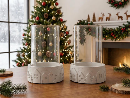 Set of 2 Concrete Pillar Candle Holders with Glass Hurricane Tubes | Winter Village Christmas Decor | Nordic Table Centerpiece