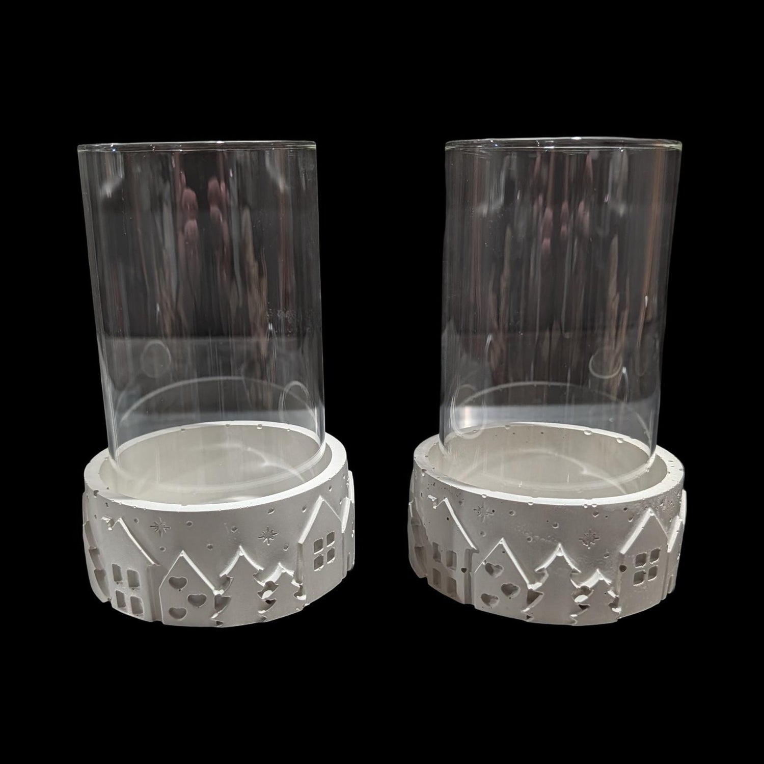 Set of 2 Concrete Pillar Candle Holders with Glass Hurricane Tubes | Winter Village Christmas Decor | Nordic Table Centerpiece