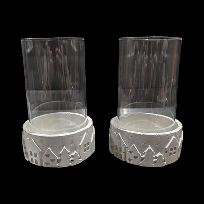 Set of 2 Concrete Pillar Candle Holders with Glass Hurricane Tubes | Winter Village Christmas Decor | Nordic Table Centerpiece