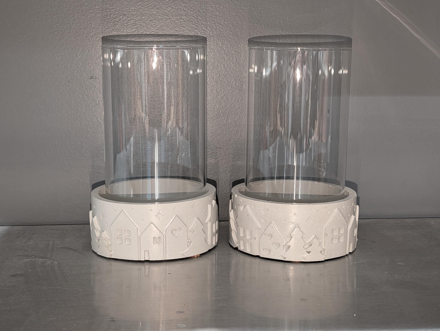 Set of 2 Concrete Pillar Candle Holders with Glass Hurricane Tubes | Winter Village Christmas Decor | Nordic Table Centerpiece