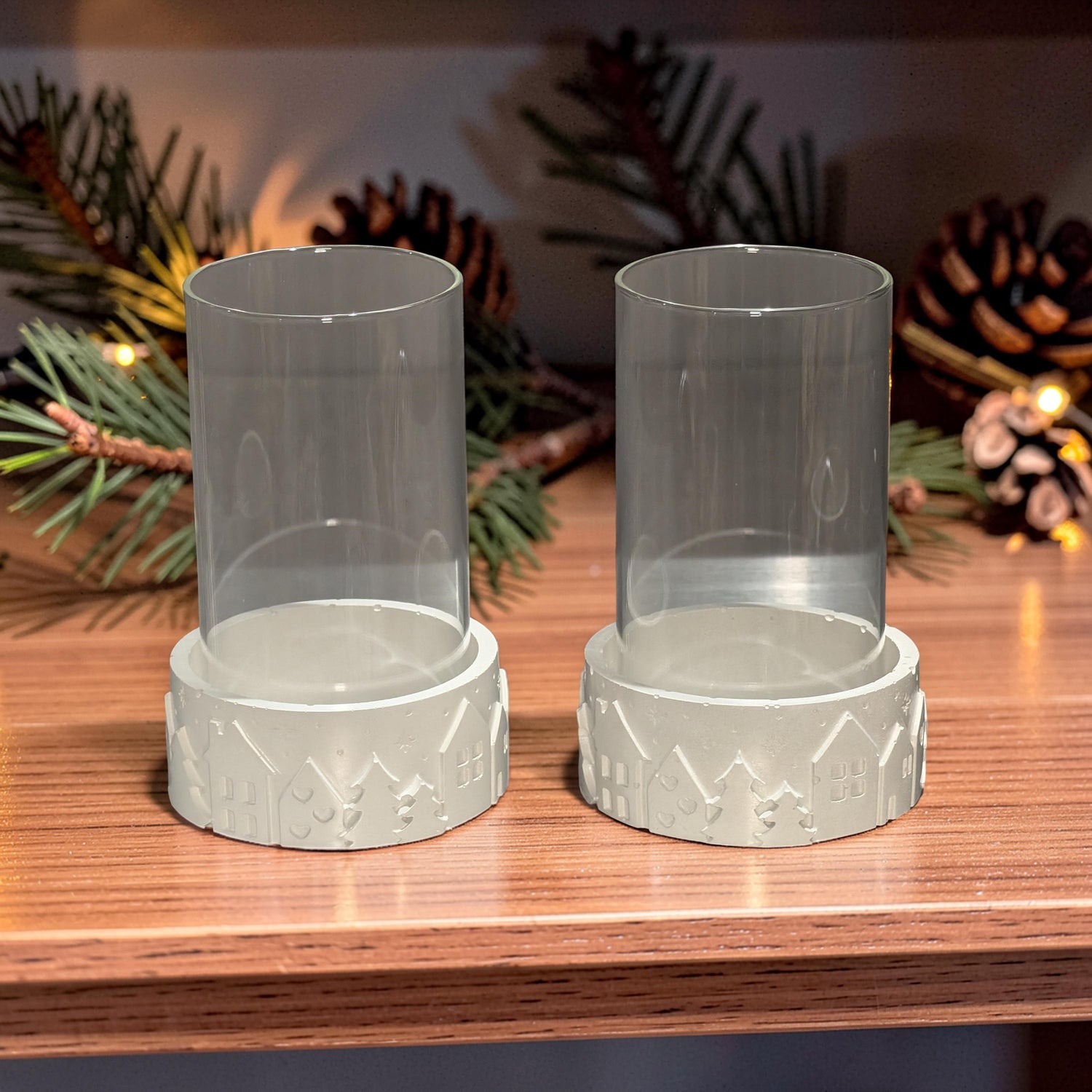 Set of 2 Concrete Pillar Candle Holders with Glass Hurricane Tubes | Winter Village Christmas Decor | Nordic Table Centerpiece