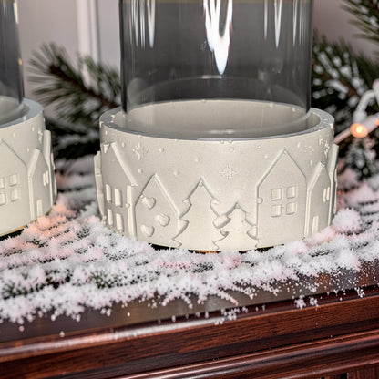 Set of 2 Concrete Pillar Candle Holders with Glass Hurricane Tubes | Winter Village Christmas Decor | Nordic Table Centerpiece