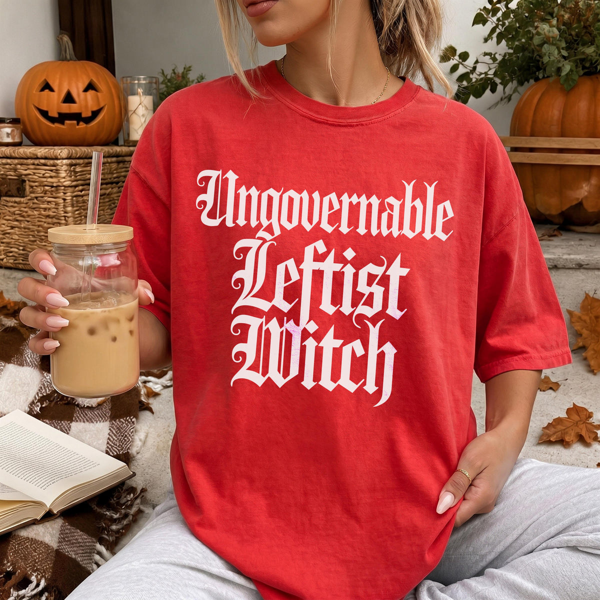 Red t-shirt with white gothic text that reads &amp;quot;Ungovernable Leftist Witch.&amp;quot;