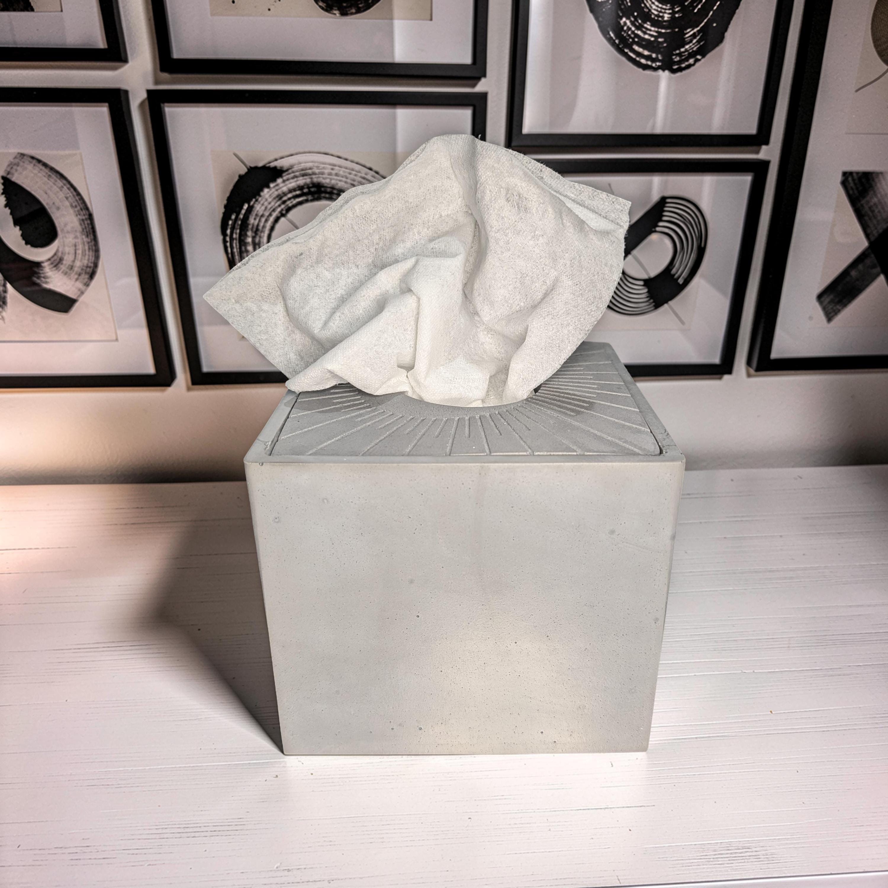 Modern Concrete Tissue Holder, Minimalist Square Sunburst Tissue Box with Lid, Industrial Bathroom Decor, Handcrafted Concrete Container