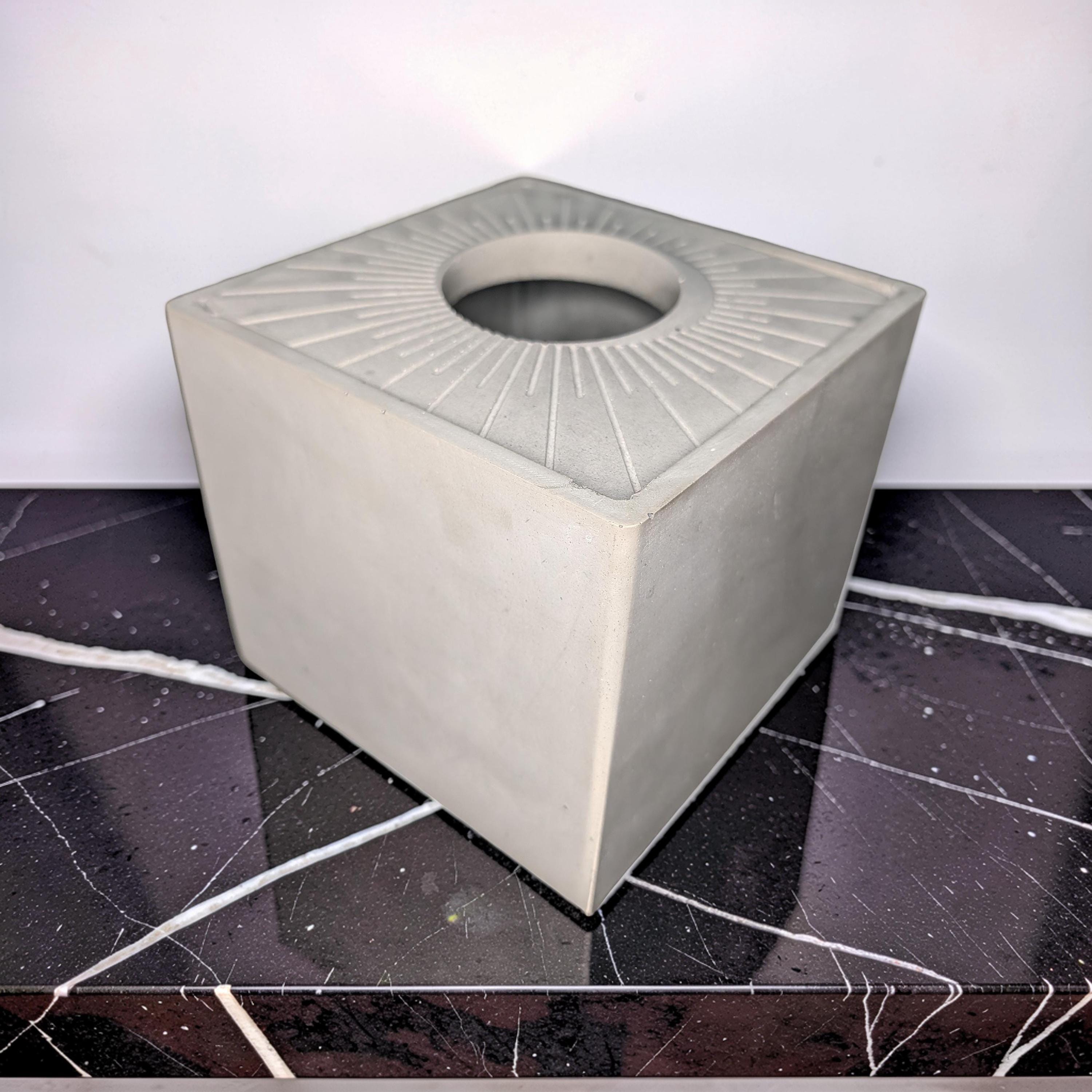 Modern Concrete Tissue Holder, Minimalist Square Sunburst Tissue Box with Lid, Industrial Bathroom Decor, Handcrafted Concrete Container