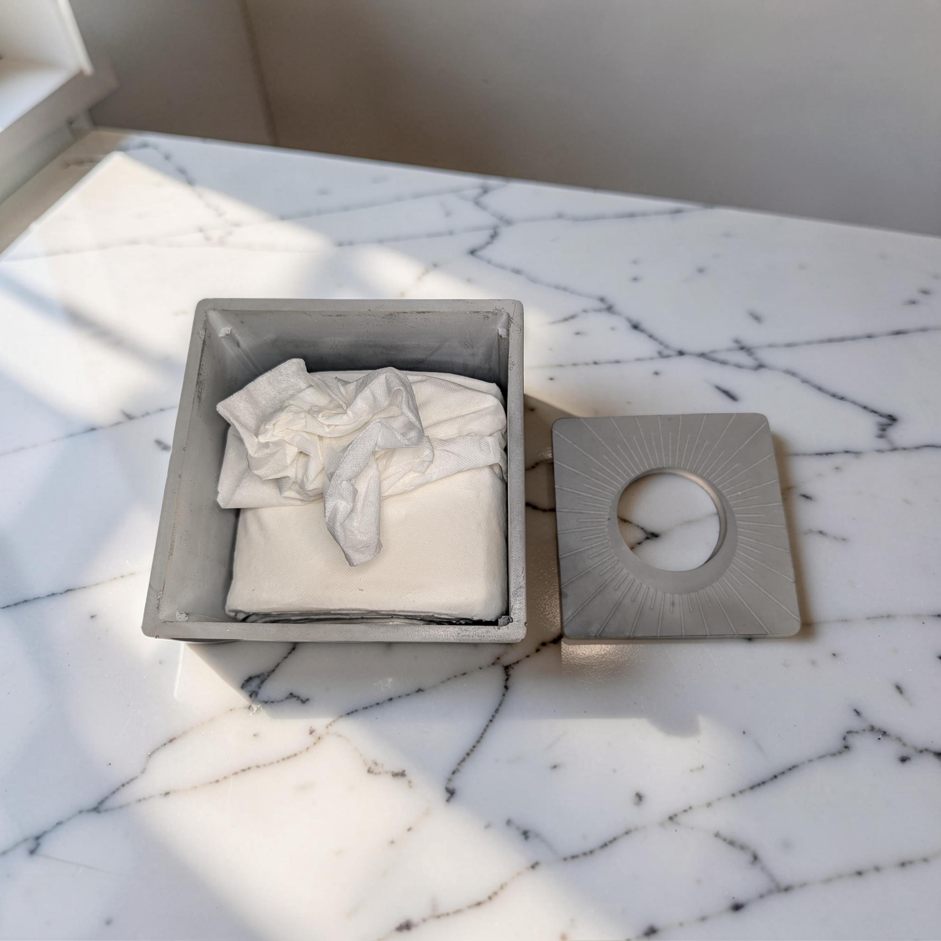 Modern Concrete Tissue Holder, Minimalist Square Sunburst Tissue Box with Lid, Industrial Bathroom Decor, Handcrafted Concrete Container